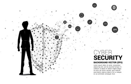 Vector Silhouette of businessman with Protection shield icon from dot connect line polygon network. concept of guard security and safetyのイラスト素材