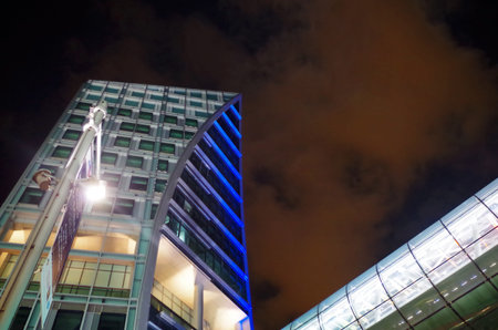 Skyscraper detail in Singapore city center by night