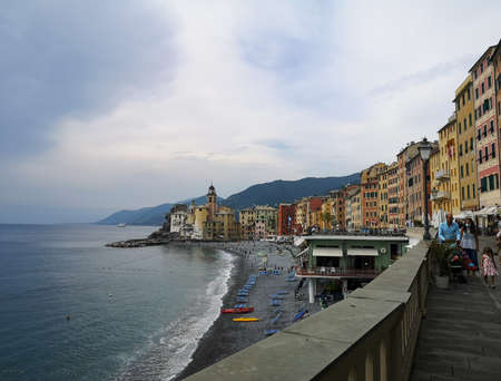 Buildings overlooking the sea in Liguria in the romantic village of Camogliのeditorial素材