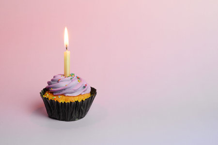 Cupcake with lit candle celebrating birthday occasion