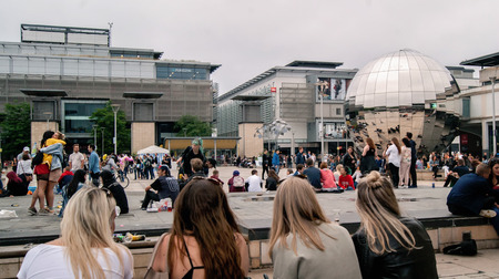 Bristol, UK - July 16, 2016: crowds of people enjoying  the water feature of Millennium Square  at the annual Harbour Festival in Bristol UKのeditorial素材
