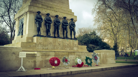 London, UK - February 23, 2016: Guards Division Memorial honours dead soldiers of 5 regiments of World Wars - St. James's Park, Horse Guards Road, London, UKのeditorial素材