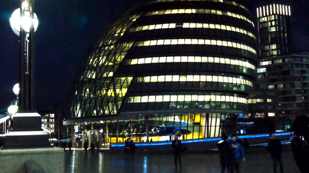 London, UK - February 23, 2016: the scoop in  London at night. This is a small open seating amphi theatre hewn into the ground on the south bank. It sits in the shade of the beautiful and unique City Hall and plays host to an array of musical and artisticのeditorial素材