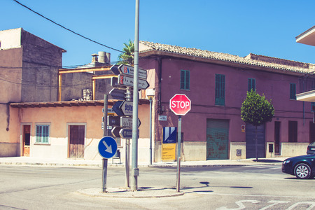 Lloseta, Spain - July 29, 2017: photo of Lloseta's Old Town colorful houses in  Mallorca, Spain,のeditorial素材