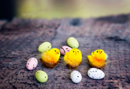 Still life photo of easter eggs and chicks on wooden floor