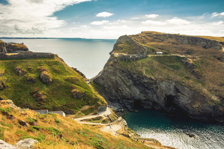 Tintangel, North Cornwall, England - July 24,2018: Tintagel bay North Cornwall coast, England