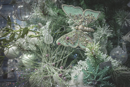 Mint Green Beaded decorations. Christmas decorations on sale in a garden centre, near Lacock,...