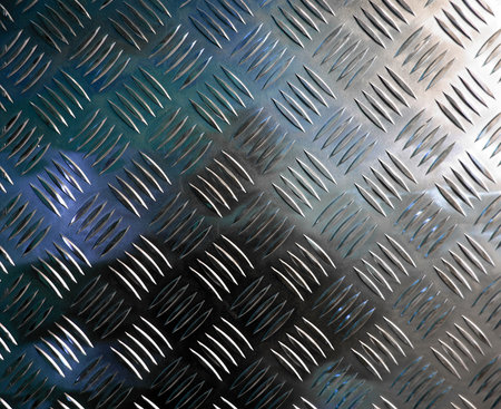 Diamond steel plate industrial iron metal background with blue light reflectionの写真素材