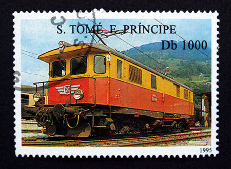 S Tome and Principe stamp with train on black