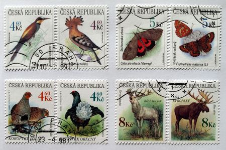 Czech Republic mail postage stamps with animals (deer, moose, butterfly, birds)の写真素材