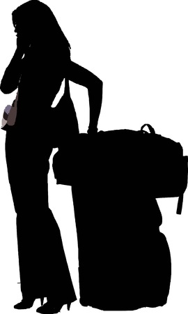 silhouette of a stylish girl with luggage talk on her mobile phone - isolated vector illustrationのイラスト素材