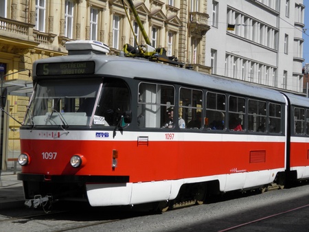 a typical red tram in Brnoのeditorial素材