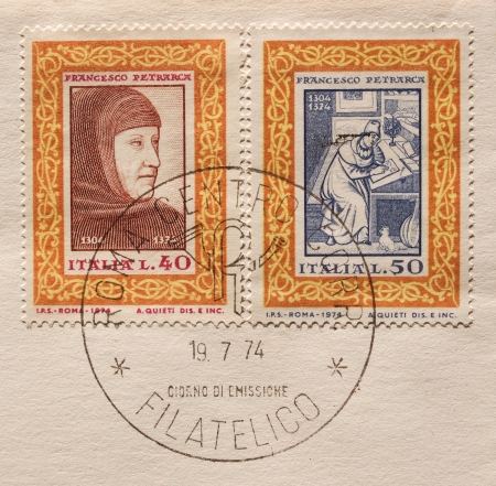 ITALY - CIRCA 1974  Two stamps printed in Italy to commemorate the 600th anniversary of Francesco Petrarca  1304-1374  in 1974 のeditorial素材
