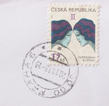 PRAGUE, CZECH REPUBLIC - CIRCA DECEMBER 2013: A post stamp printed in Czech Republic showing Gemini...