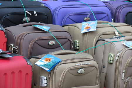 GRAZ, AUSTRIA: CIRCA JULY 2015: suitcases and bags for sale at a local marketのeditorial素材