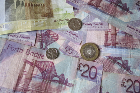 EDINBURGH, SCOTLAND, UK - CIRCA AUGUST 2015: Scottish sterling pound banknotes, currency of Scotlandのeditorial素材