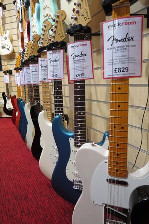 YORK, UK - CIRCA AUGUST 2015: Fender Telecaster and Stratocaster electric guitars for saleのeditorial素材