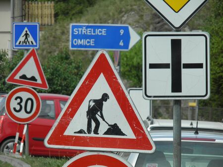 Warning signs, Road works traffic signの写真素材
