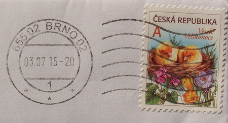 PRAGUE, CZECH REPUBLIC - CIRCA DECEMBER 2015: stamp from the Czech Republic bearing Happy Easter greetings Vesele Velikonoceのeditorial素材