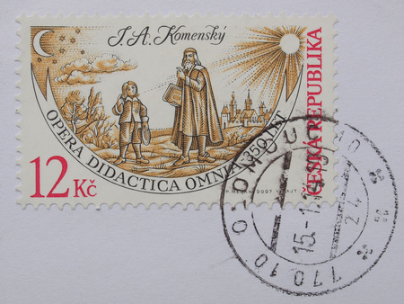 OLOMOUC, CZECH REPUBLIC - CIRCA AUGUST 2014: mail stamp showing tbearing the portrait of philosopher Jan Amos Komensky on the occasion of his anniversaryのeditorial素材