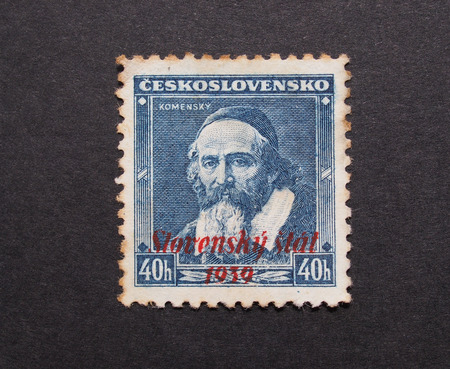 BRATISLAVA, SLOVAKIA - CIRCA MAY 2015: Jan Komensky mail postage from Czechoslovakia dating back to 1939 with red ink overprint Slovensky stat (Slovak country)のeditorial素材