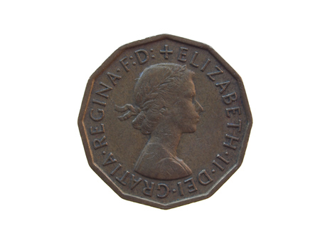 LONDON, UK - CIRCA DECEMBER 2013: six pence coin (GBP) released in 1963のeditorial素材