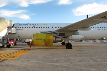 ROME, ITALY- CIRCA OCTOBER 2015: Vueling aircraft Airbus A320 parked at the airport