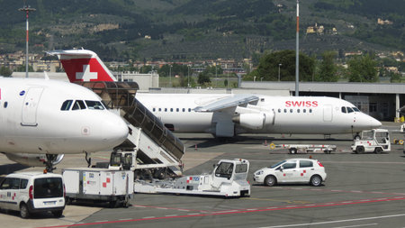 FLORENCE, ITALY - CIRCA APRIL 2016: Swiss airways aircraft parked at the airport ready for boarding