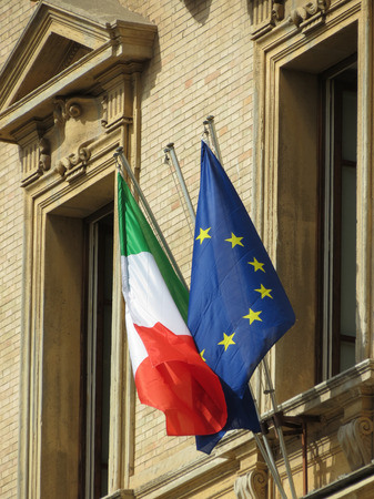 Italian national flag of Italy and European Union flagの写真素材