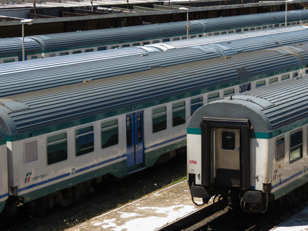 SIENA, ITALY - CIRCA JULY 2016: Detail of train coaches parked in a station