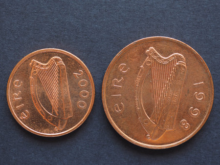 Irish Pound (IEP) 1 and 2 pence coin, currency of Ireland (IE)
