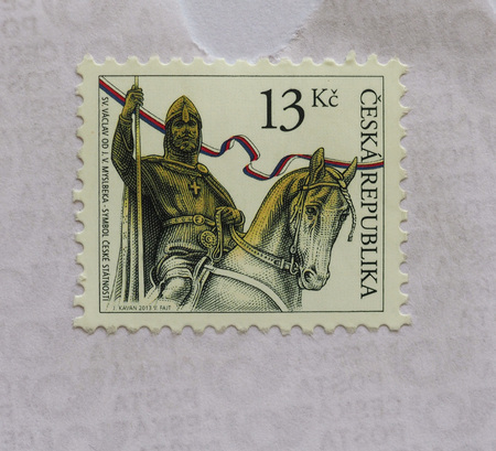 PRAGUE, CZECH REPUBLIC - CIRCA AUGUST 2016: A stamp printed by Czech Republic bearing the portrait of Saint Wencelaus I (sv. Vaclav), king of Bohemiaのeditorial素材