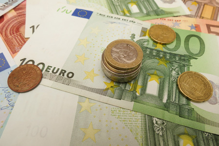 Euro (EUR) banknotes and coins - legal tender of the European Unionの写真素材