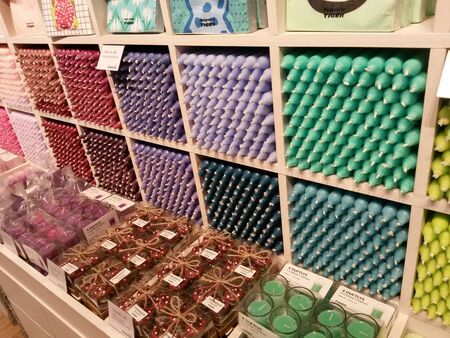BRNO, CZECH REPUBLIC - CIRCA MAY 2016: candles of different coulours and scents on display in a Tiger storeのeditorial素材