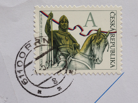 PRAGUE, CZECH REPUBLIC - CIRCA DECEMBER 2016: a stamp printed by Czech Republic bearing the portrait of St Vaclav kingのeditorial素材