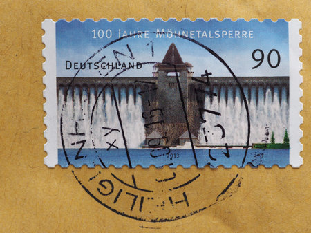 BERLIN, GERMANY - CIRCA DECEMBER 2016: a stamp printed by Germany showing 100 Jahre Moenetalsperrel (meaning 100 years of the Moene dam)のeditorial素材