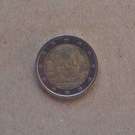 2 euro commemorative coin money (EUR), bearing the portrait of opera musician Giuseppe Verdi (1813-1901) released in 2013のeditorial素材
