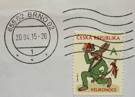 PRAGUE, CZECH REPUBLIC - CIRCA AUGUST 2016: A stamp printed by Czech Republic celebrating Easter (Velikonoce) with an Easter bunnyのeditorial素材