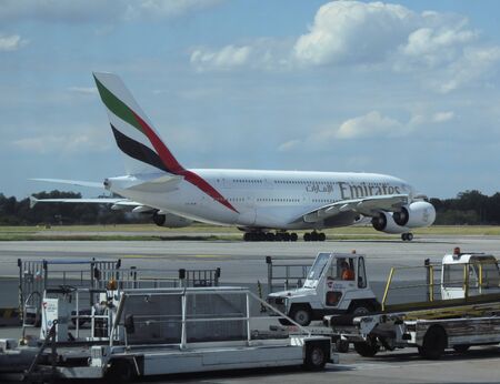 PRAGUE, CZECH REPUBLIC - CIRCA JULY 2016: World biggest passenger aircraft Airbus A380 of the Emirates airlines at Vaclav Havel international airportのeditorial素材