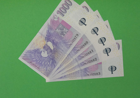 1000 Czech Koruna banknotes money (CZK), currency of Czech Republic - series of five mint notes with...