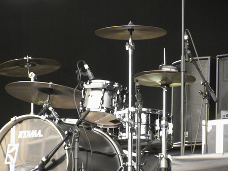 GHENT, BELGIUM - CIRCA JULY 2010: Tama drum kit on stage ready for a live concertのeditorial素材
