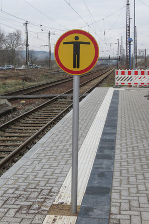 Regulatory signs, no pedestrians traffic sign, trains passingの写真素材