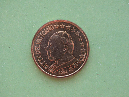 50 euro cents coin (EUR) from Vatican City bearing the portrait of pope John Paul II (Karol Josef Woytila)の写真素材