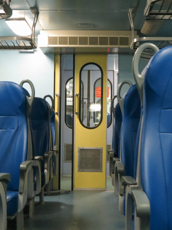 VERONA, ITALY - CIRCA MARCH 2013: Trenitalia railways passenger coach interiors with doors damaged because of vandalismのeditorial素材