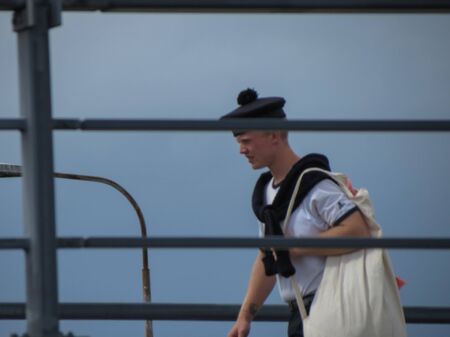 COPENHAGEN, DENMARK - CIRCA AUGUST 2017: sailor on land crossing a bridgeのeditorial素材