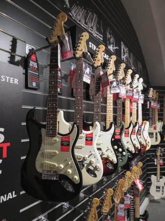 OSLO, NORWAY - CIRCA AUGUST 2017: Fender Stratocaster electric guitars on display for sale
