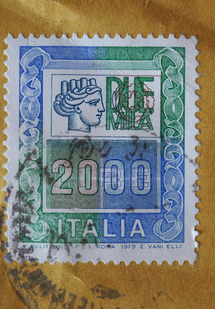 ROME, ITALY - CIRCA JULY 2017: a stamp printed by Italy showing the emblem of Italyのeditorial素材