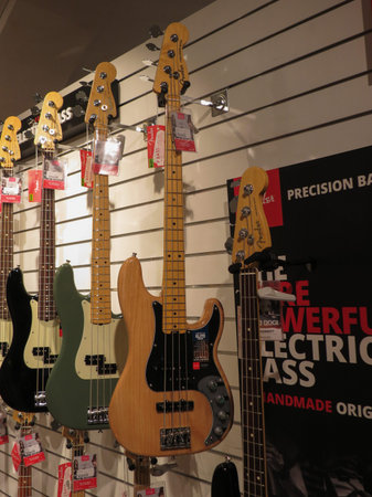 OSLO, NORWAY - CIRCA AUGUST 2017: Fender Precision basses on display for sale