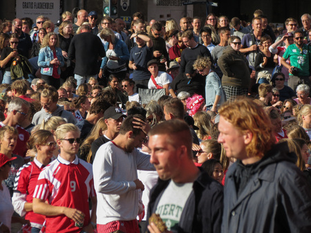 COPENHAGEN, DENMARK - CIRCA AUGUST 2017: massive crowd gathers to watch Women's Euro 2017 Final between the Netherlands and Denmark projected on screen on the main squareのeditorial素材