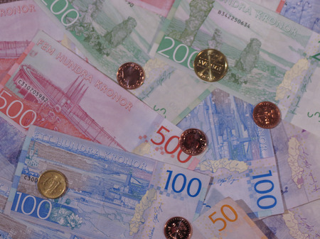 Swedish Krona banknotes and coins (SEK), currency of Swedenの写真素材